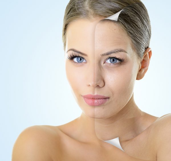 Aging and youth concept, beauty treatment, portrait of beautiful woman with problem and clean skin